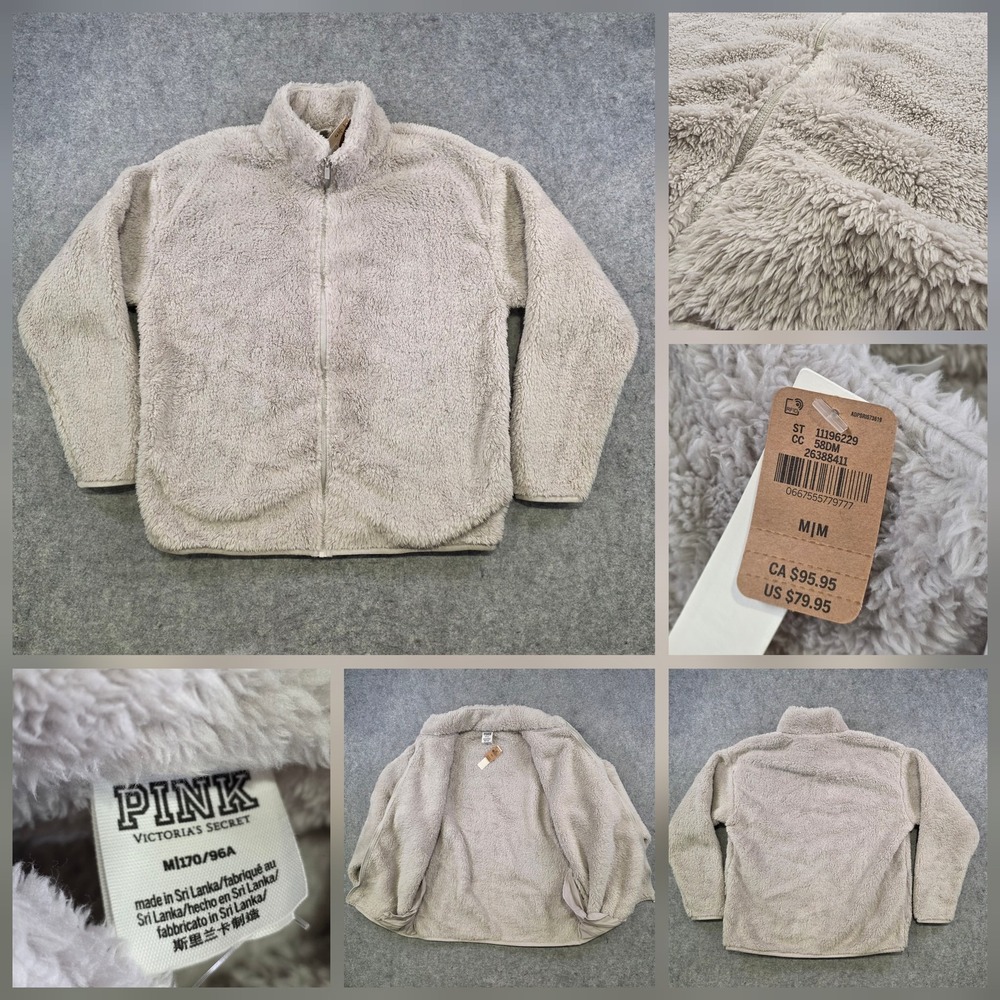 PINK Jacket Womens Medium Gray Sherpa Fleece Full Zip Teddy Soft Collared NWT